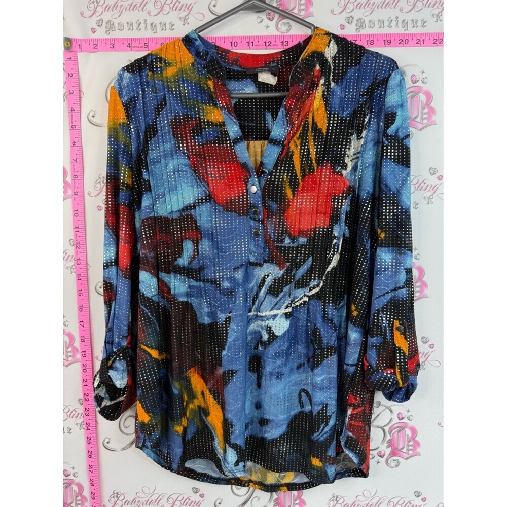 Cocomo blouse long sleeve 3D studded Multicolor Abstract Print V-Neck Blouse